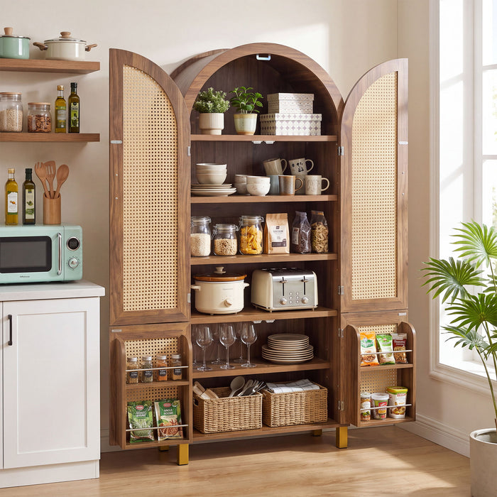 Tall Arched Cabinet With Rattan Doors & Adjustable Shelves