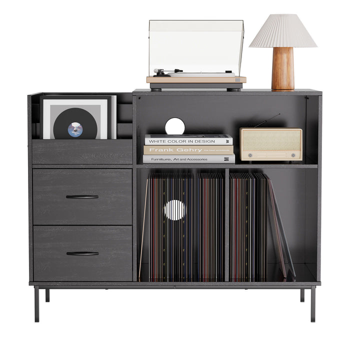 Eco-Friendly Vinyl Record Player Stand With Flip-Top Storage, Media Console With Dual Outlets And Dustproof Drawers