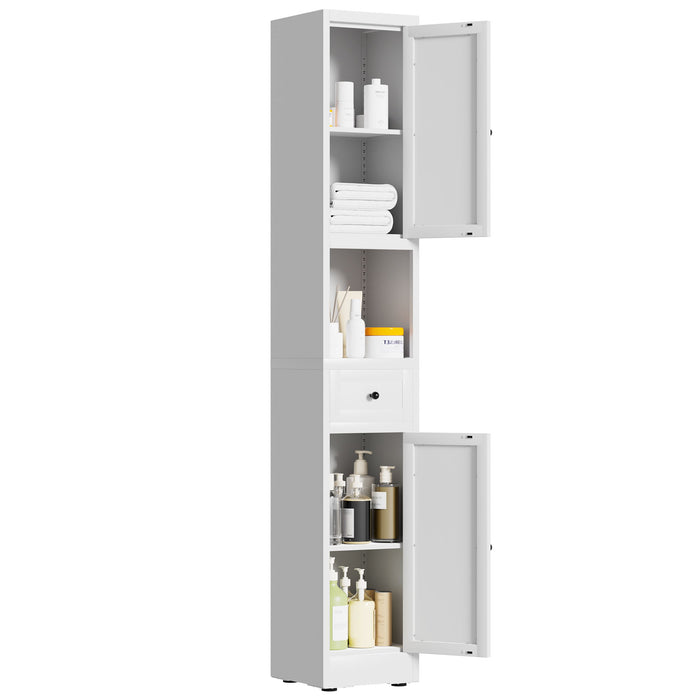 Tall Bathroom Storage Cabinet, 5-Tier Narrow With 2 Doors & Adjustable Shelves, Freestanding - White