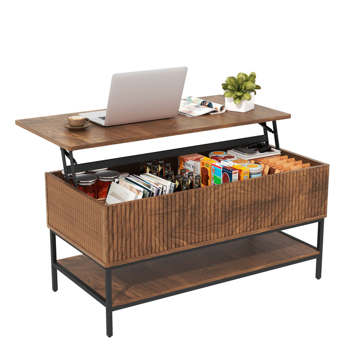 Rectangle Lift Top Coffee Table With Hidden Storage And Lower Shelf - Brown