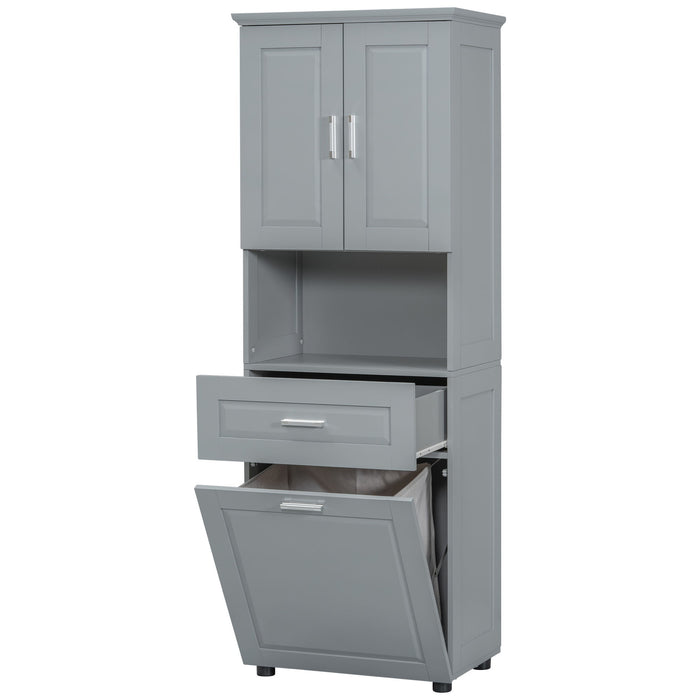 Tall Bathroom Cabinet With Tilt-Out Laundry Basket And Upper Storage