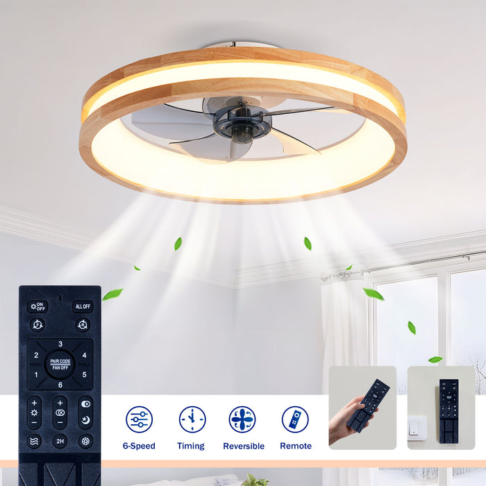 Ceiling Fans With LED Light Source And Remote Control, 3000 - 6500K Dimmable, 6 Speeds, Quiet DC Motor For Living Room - Natural Wood / White