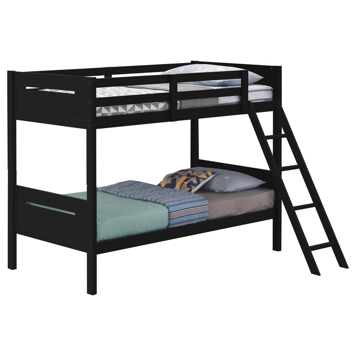 Twin / Twin Bunk Bed With Built In Ladder Frame With Angled Access And Safety Guardrails - Black