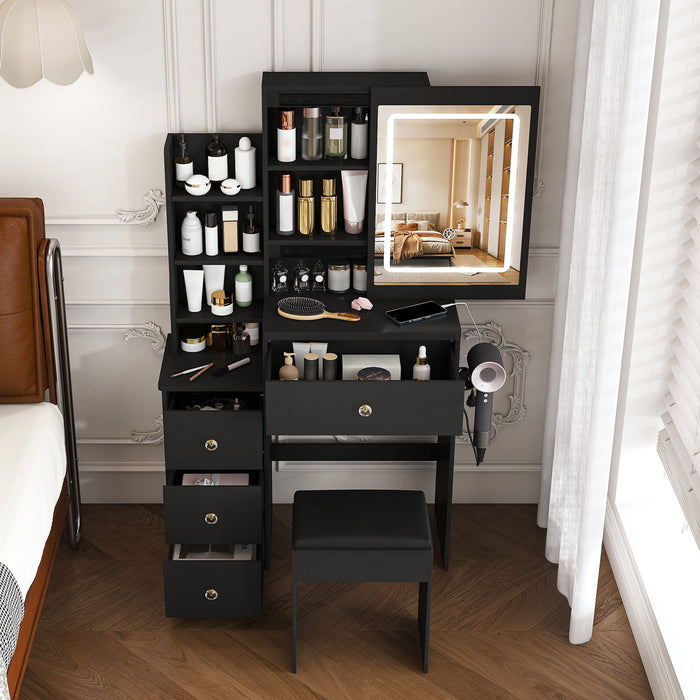 Vanity Desk With 3 LED Lighting Modes, 4 Drawers, Open Shelves, Hair Dryer Holder & Power Socket Dressing Table Set With Chair - Black