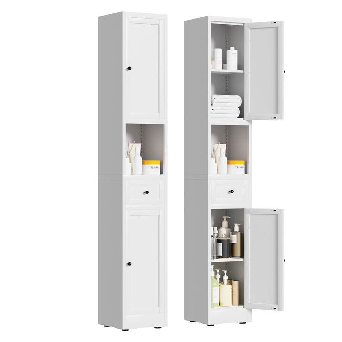 Tall Bathroom Storage Cabinet, 5-Tier Narrow With 2 Doors & Adjustable Shelves, Freestanding - White