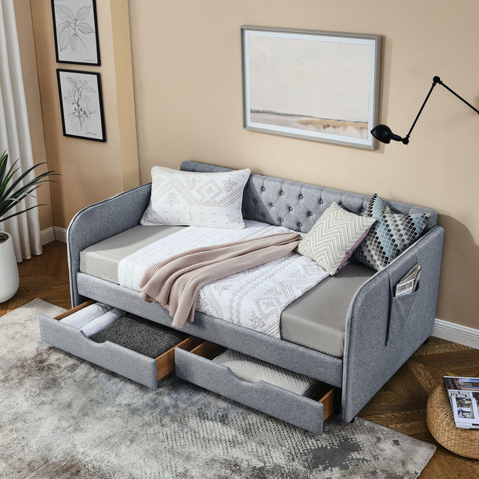 Daybed With Trundle And Storage Drawers, Flat Arms With Pocket