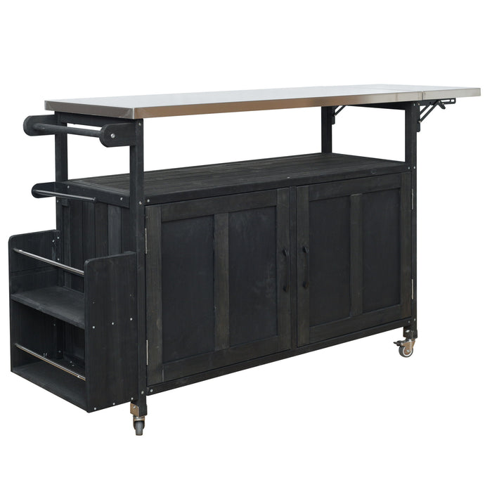 Foldable Outdoor Kitchen Island With Lockable Wheels, Storage Cabinet And Towel Rack For Patio