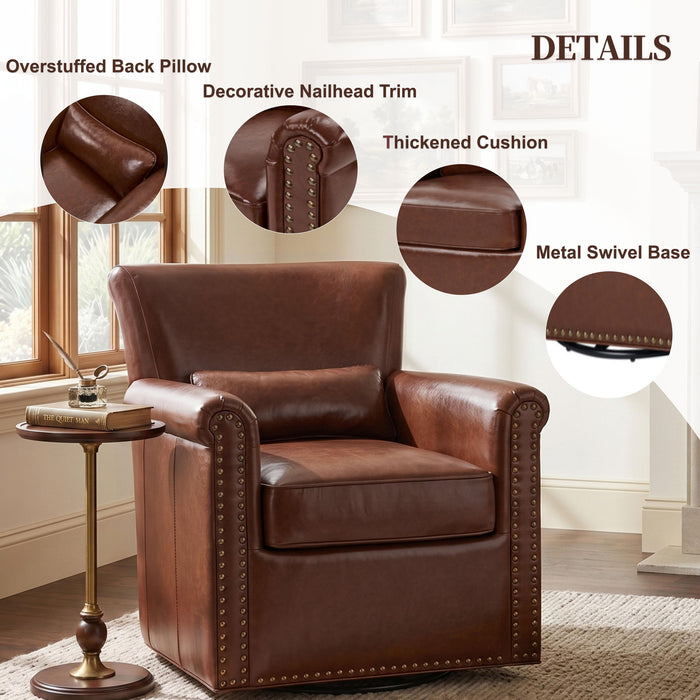 Swivel Accent Chair With Rolled Arm, Sewn Pillow Back, Nailhead Trim For Living Room