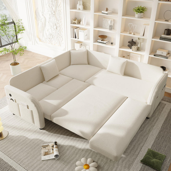 L-Shaped Couch With Pull-Out Bed, Oversize Convertible Sleeper Sofa With Side Pocket & USB Port