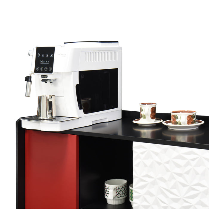 Modern Sideboard Buffet Cabinet With Red Doors And Unique Panel Styling