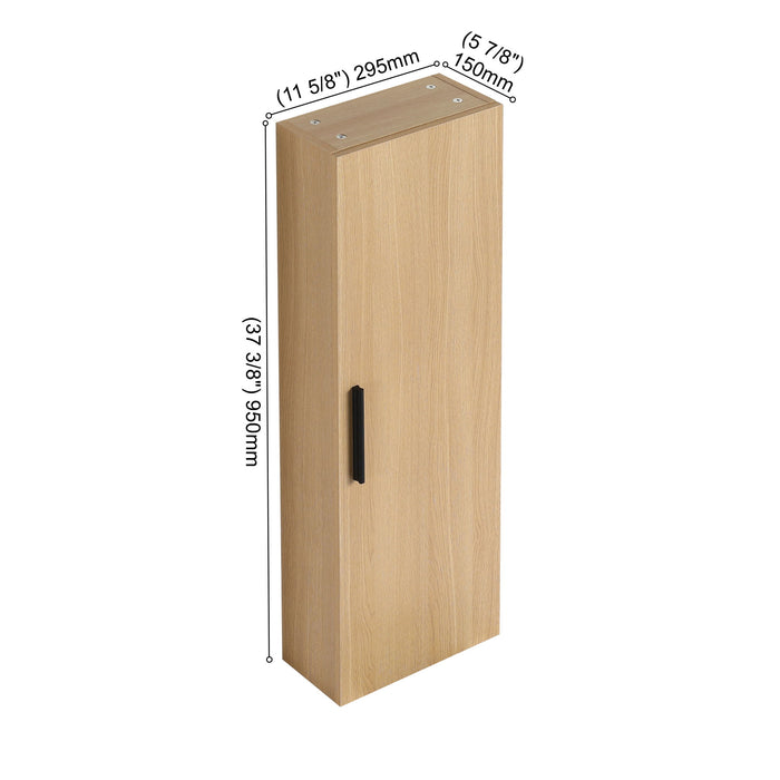 Tall Floating Bathroom Side Cabinet, Wall Mounted Single Door Storage - Light Oak