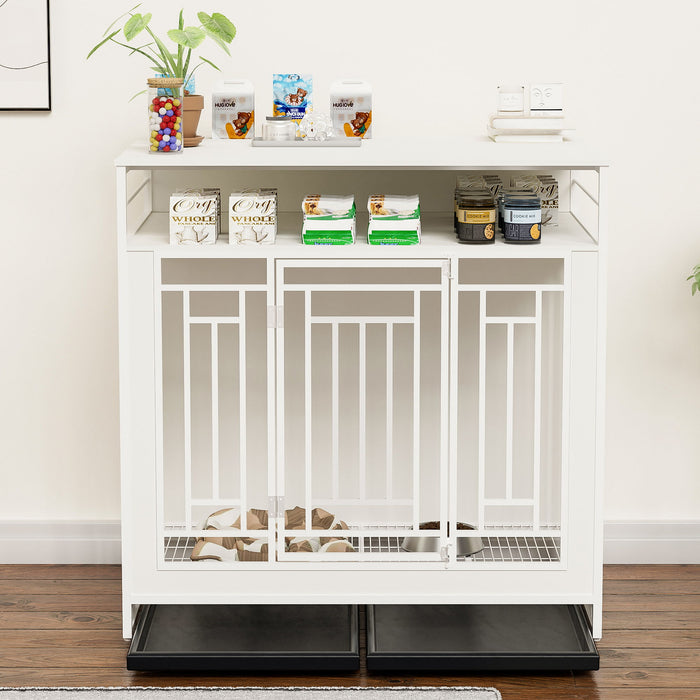 Wooden Dog Crate Furniture With Divider And Storage - White