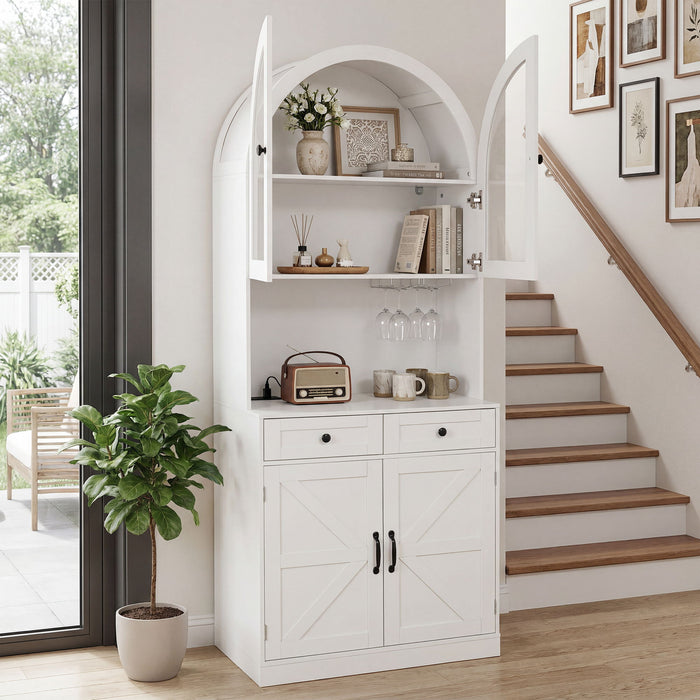 Tall Arched Pantry Cabinet With Charging Station, Adjustable Shelves, Coffee Bar