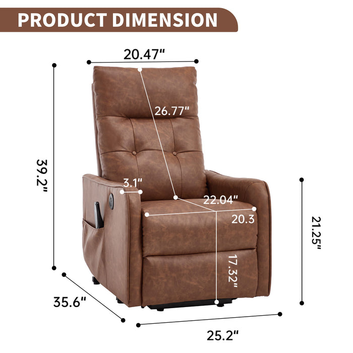 Single Motor Power Lift Recliner Chair With Massage And Heat, USB For Charging - Brown