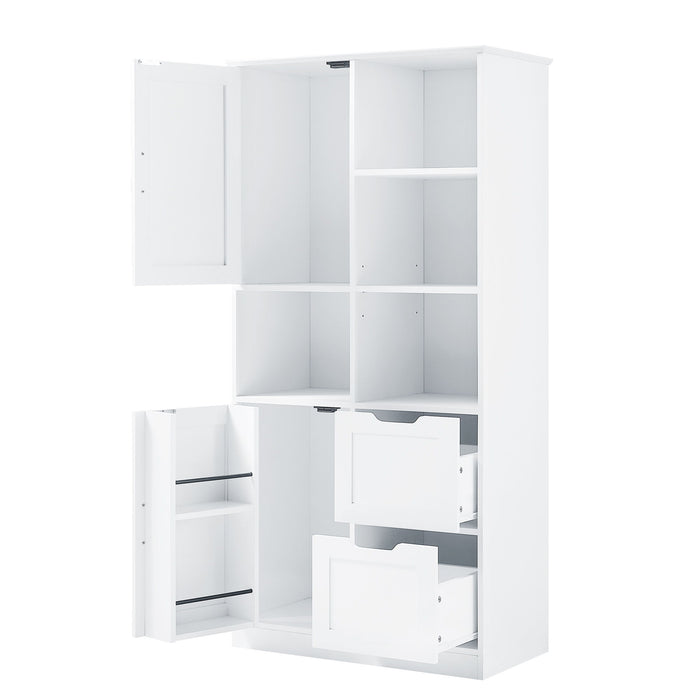 Freestanding Bathroom Storage Cabinet With Doors And Drawers, Adjustable Shelf, Open Shelves - White