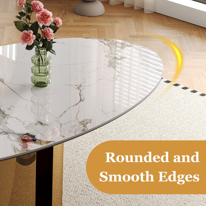 Oval Dining Table With Stainless Steel Base, Sturdy And Stable Design For Kitchen, Dining Room - Brown / White