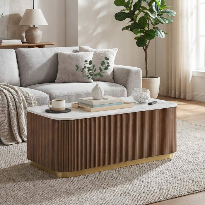 3 Piece Table Set (Rectangle Cocktail Table And Two Square End Tables) - Brown / Gold / White