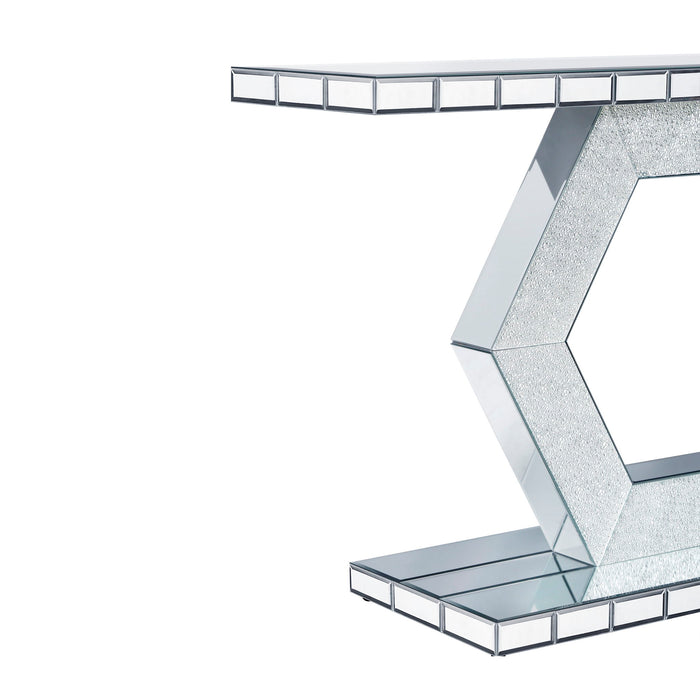 Sparkling Crystal Hexagon Mirror Entryway Premium Modern Foyer Console Table With Diamond Glass Effects, Dual Tier Luxury Sofa Table - Silver