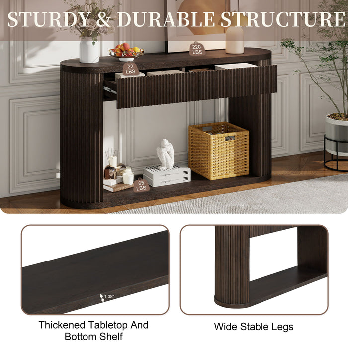 Oval Fluted Console Table With 2 Drawers And Bottom Shelf
