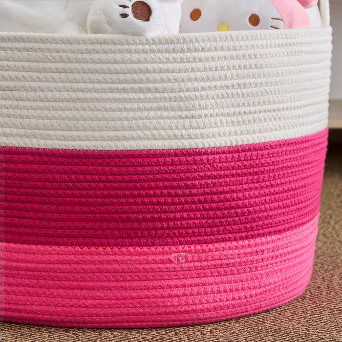 Cotton Round Laundry And Storage Basket With Handles - Pink / White