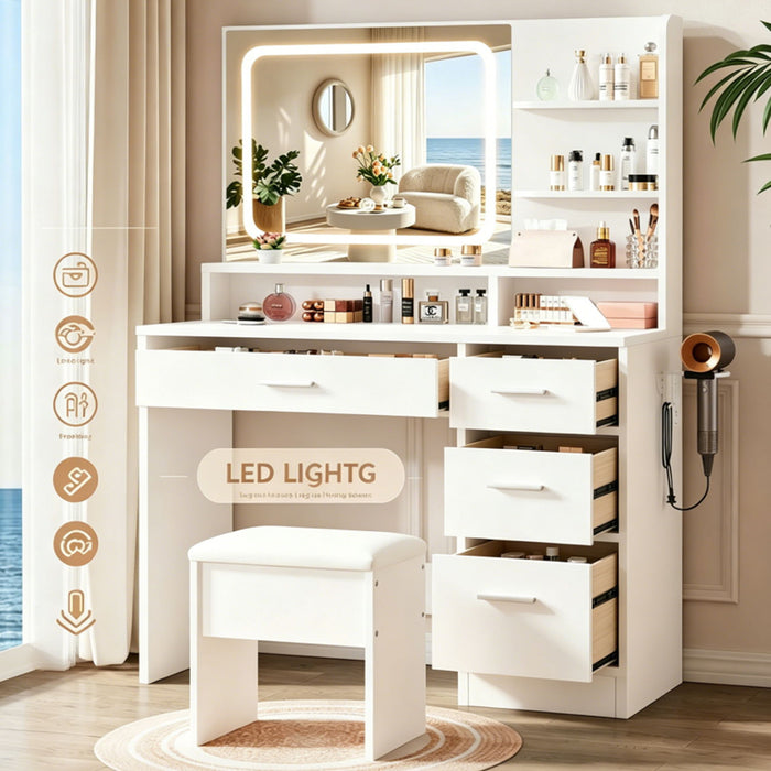 Vanity With LED Mirror And Storage Drawers For Bedrooms - Cream White