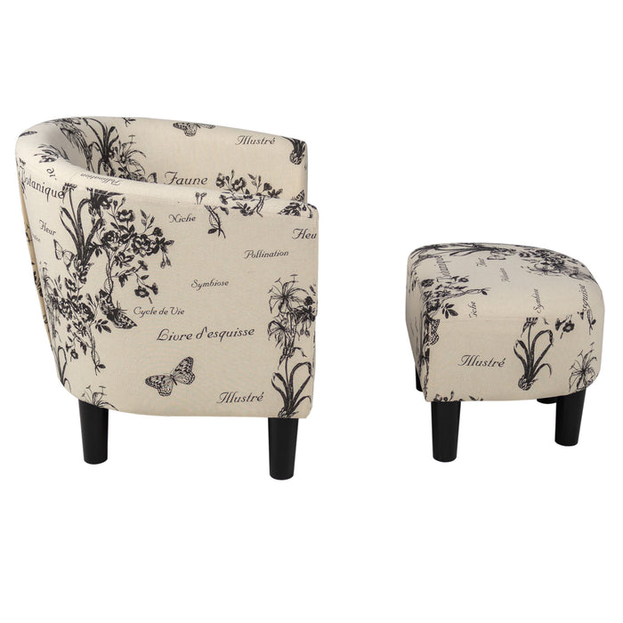 Accent Chair With Matching Ottoman Upholstered Round Backrest, Seating Set - Off White / White