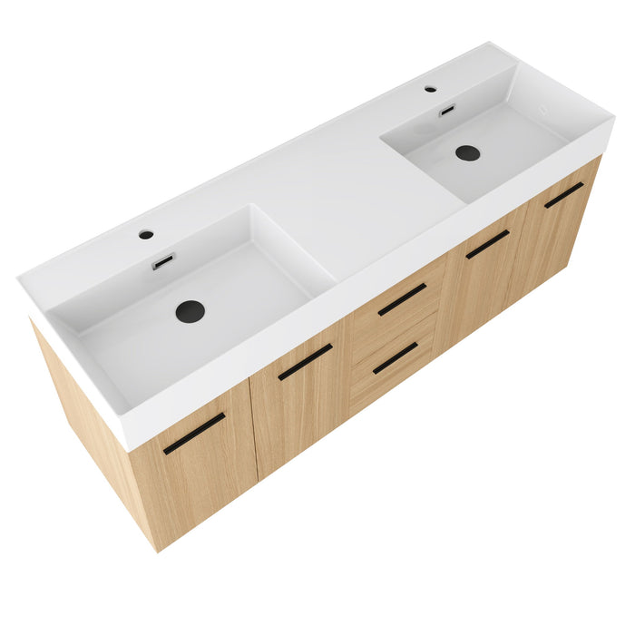 Floating Double Sink Bathroom Vanity With Drawers And Doors, Extra Large Storage, Integrated Sink, Soft Close Hardware - Glossy White / Light Oak