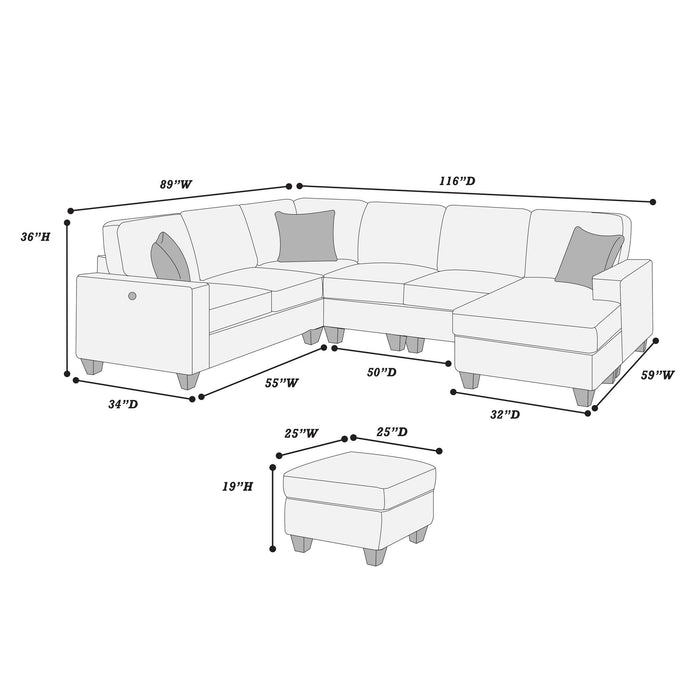 5 Piece Sectional Set Left Arm Loveseat With USB Port Corner Wedge Ottoman Armless Chair Right Arm Loveseat With Chaise - Gray / Slate