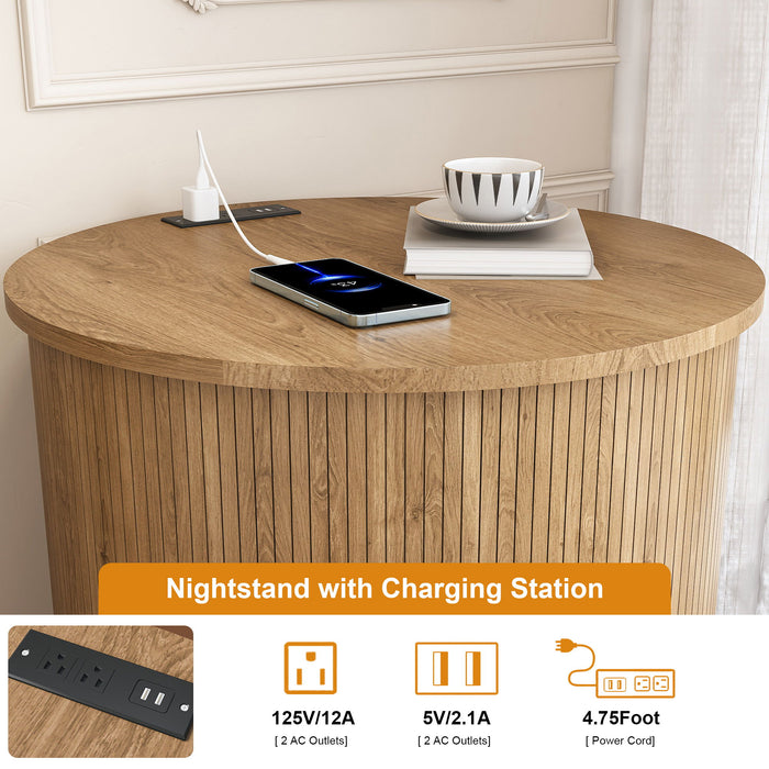 Cylinder Nightstand With Charging Station & Sliding Door