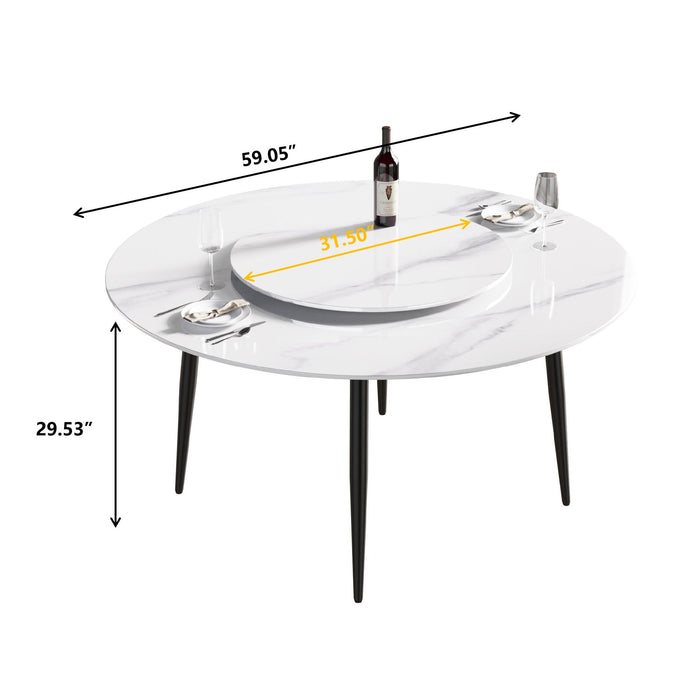59.05" Modern Artificial Stone Round Metal Dining Table, Can Accommodate 6 People Artificial Stone Turntable - White / Black