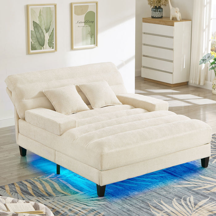 Chaise Bed Lounge Sofa Chair With Adjustable Backrest And LED Light Strip - Beige