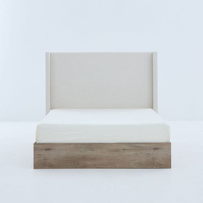 Shelton - Queen Upholstered Wingback Bed With 54" High Headboard - Ivory / Light Gray / Camel Oak