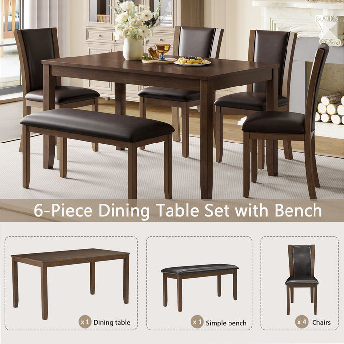 6 Piece Dining Table Set & Bench And Chairs For Dining Room - Dark Walnut