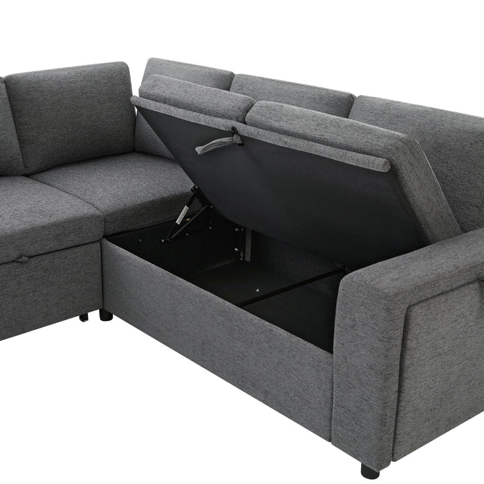 U - Shaped Convertible Sectional Sofa Bed With Storage, USB Charger & Cup Holders