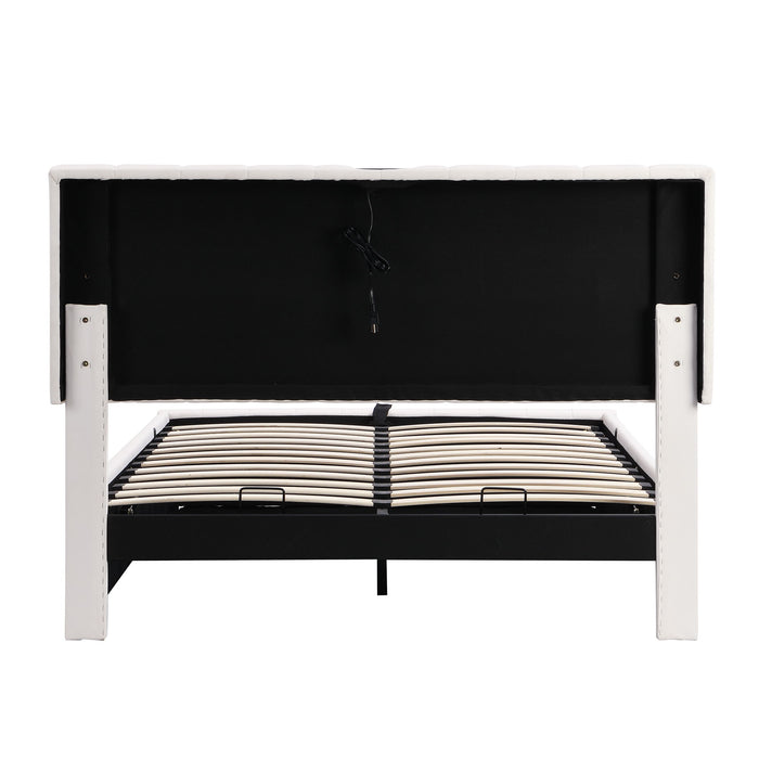 Upholstered Bed With Hydraulic Storage System And LED Light, With Sockets And USB Ports
