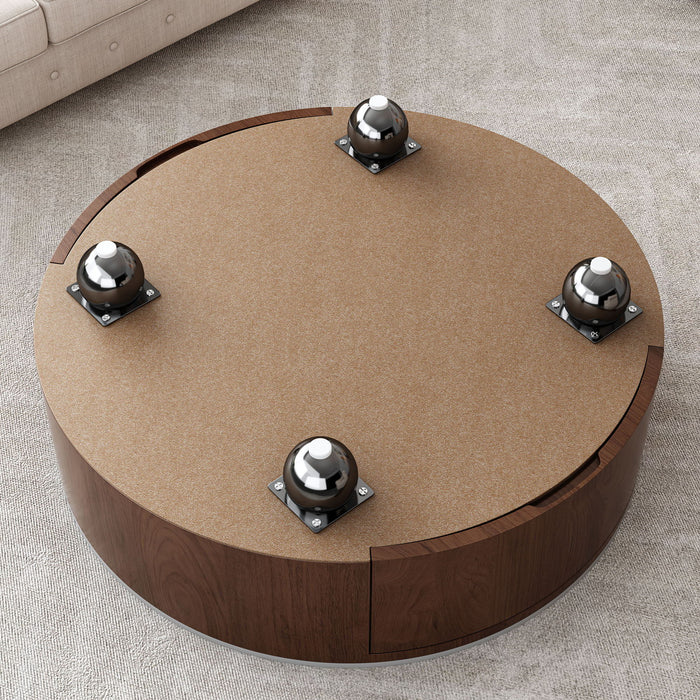 Round Coffee Table With 2 Drawers For Living Room - Walnut Brown / White / Multi