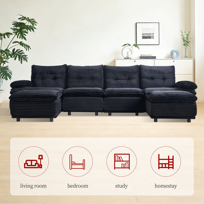 Upholstery Modular Sectional Sofa , 4 Seater With 2 Ottomans For Living Room - Black
