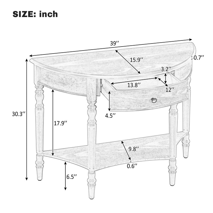 Half Moon Console Table With Drawer & Shelf For Living Room - Walnut