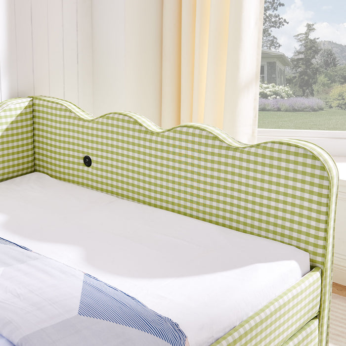 Gingham Daybed With USB Charging Port, Wave-Shaped Design
