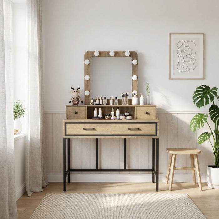 Vanity Desk With 3 Color Lighted Mirror And 4 Drawers