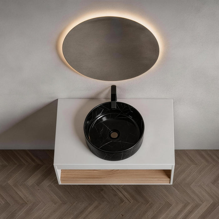 Floating Bathroom Vanity With Vessel Sink With Open Shelf Storage
