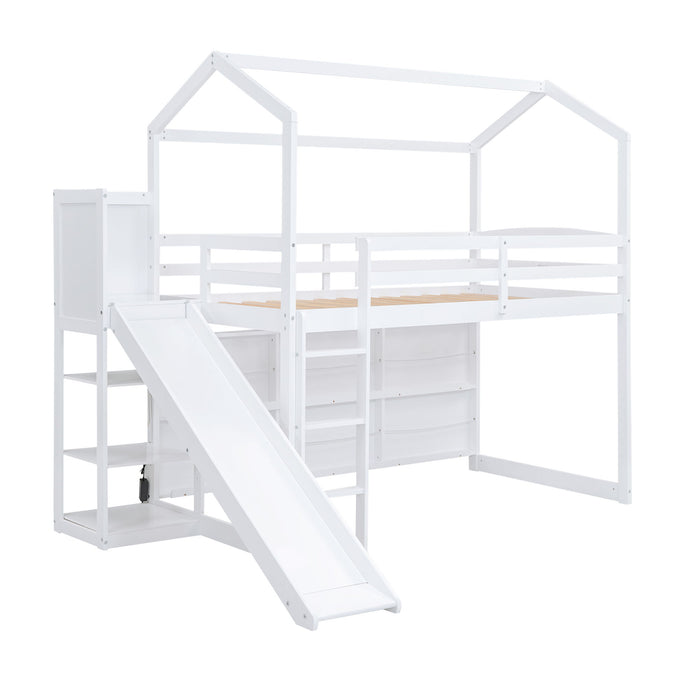 House Loft Bed With Slide, Storage Shelves And Light, Climbing Ramp