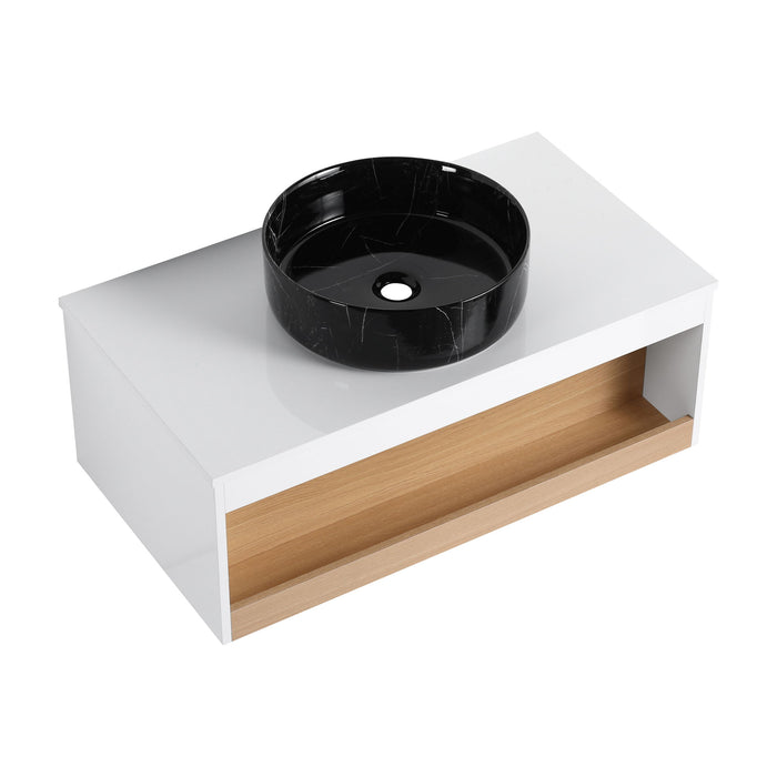 Floating Bathroom Vanity With Vessel Sink With Open Shelf Storage