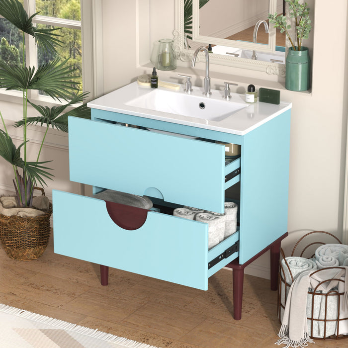 Bathroom Vanity Cabinet With Ceramic Sink Combo Set, Frame Modern Bathroom Storage Cabinet With 2 Drawers - Blue