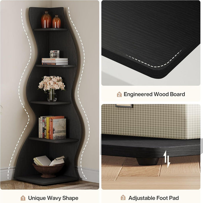 5 Tier Wavy Corner Bookshelf And Plant Stand For Living Room