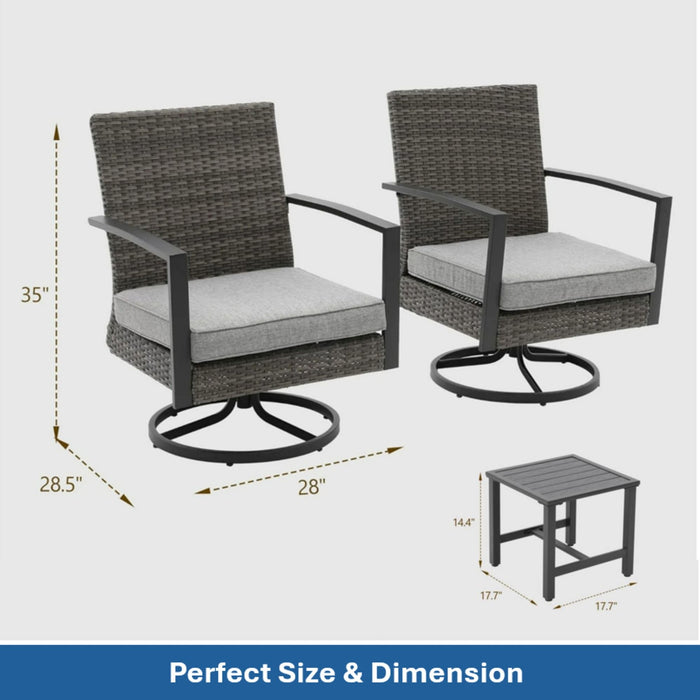 3 Piece Patio Furniture, Swivel Rocker Bistro Set With Side Table & Cushions For Porch - Gray