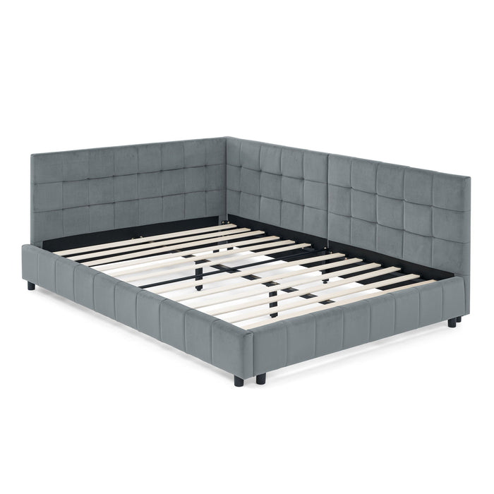 Mid-Century Storage Upholstered Tufted Bed Frame With Backrest And Armrests