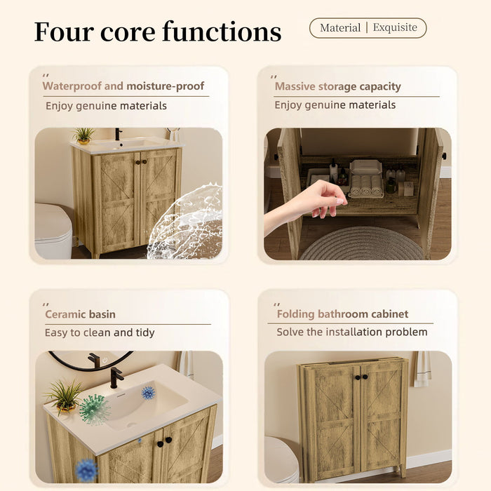 Folding Floor Cabinet With Ceramic Sink, Space Saving