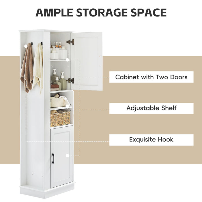 Tall Freestanding Bathroom Storage Cabinet With Adjustable Shelves And Side Hooks Board, Rectangle Design