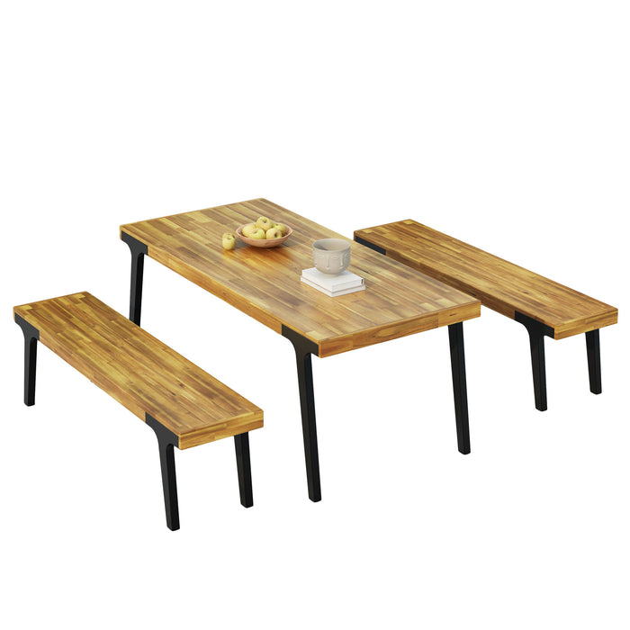 1 Dining Table & 2 Dining Benches - Light Teak